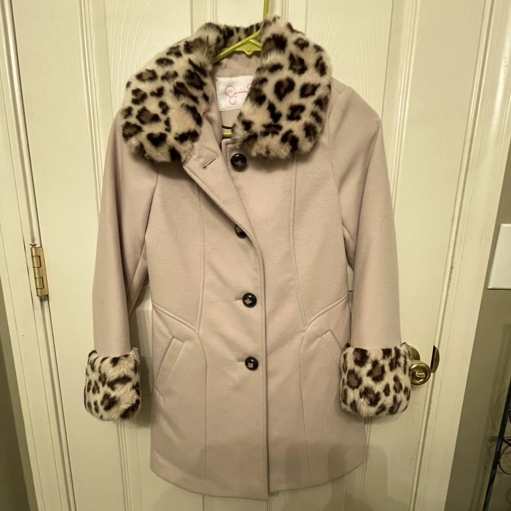 Girls dress button down coat with leopard print collar and cuffs.